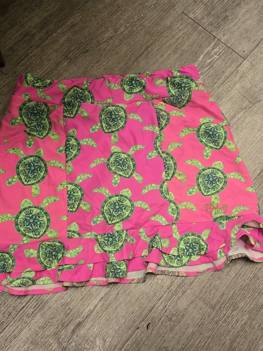 Tzu Tzu Neon Pink Mini Skirt with Lime Turtle Print